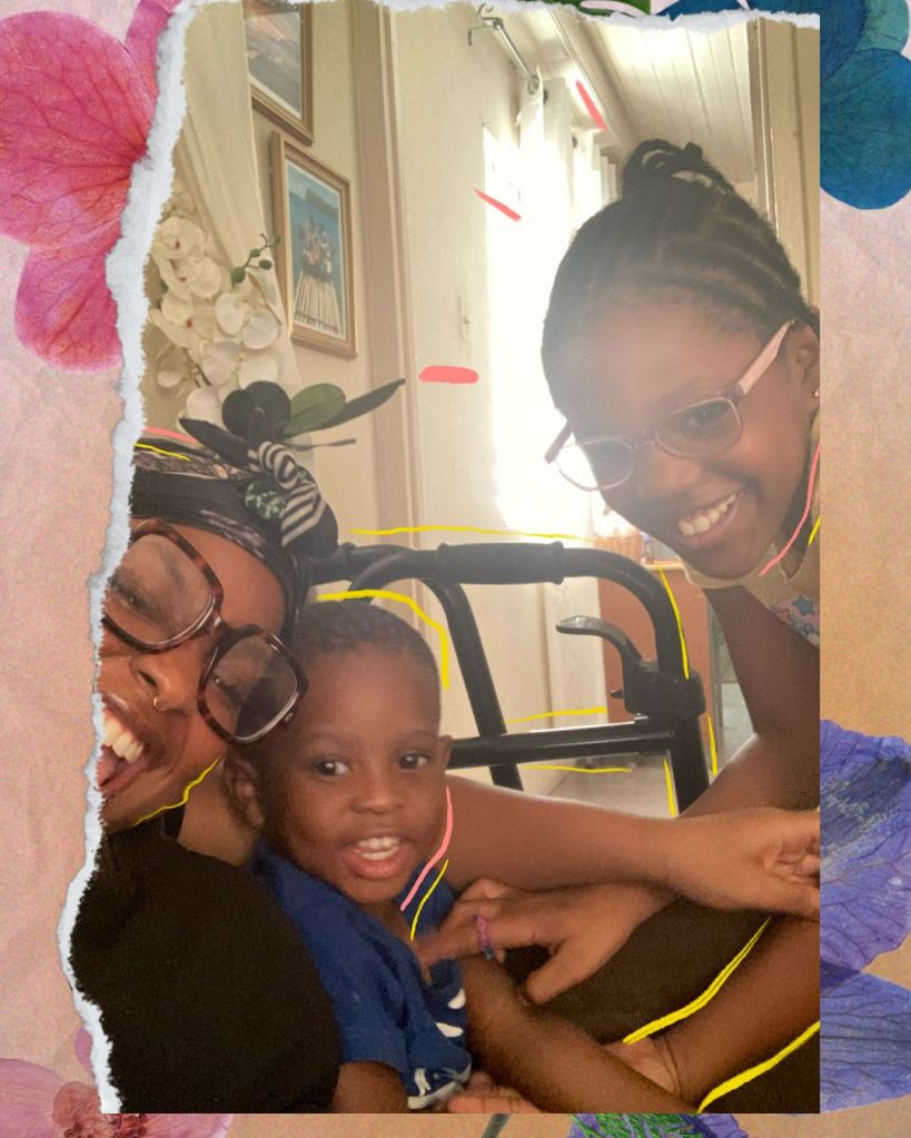 Young woman smiling with boy and girl